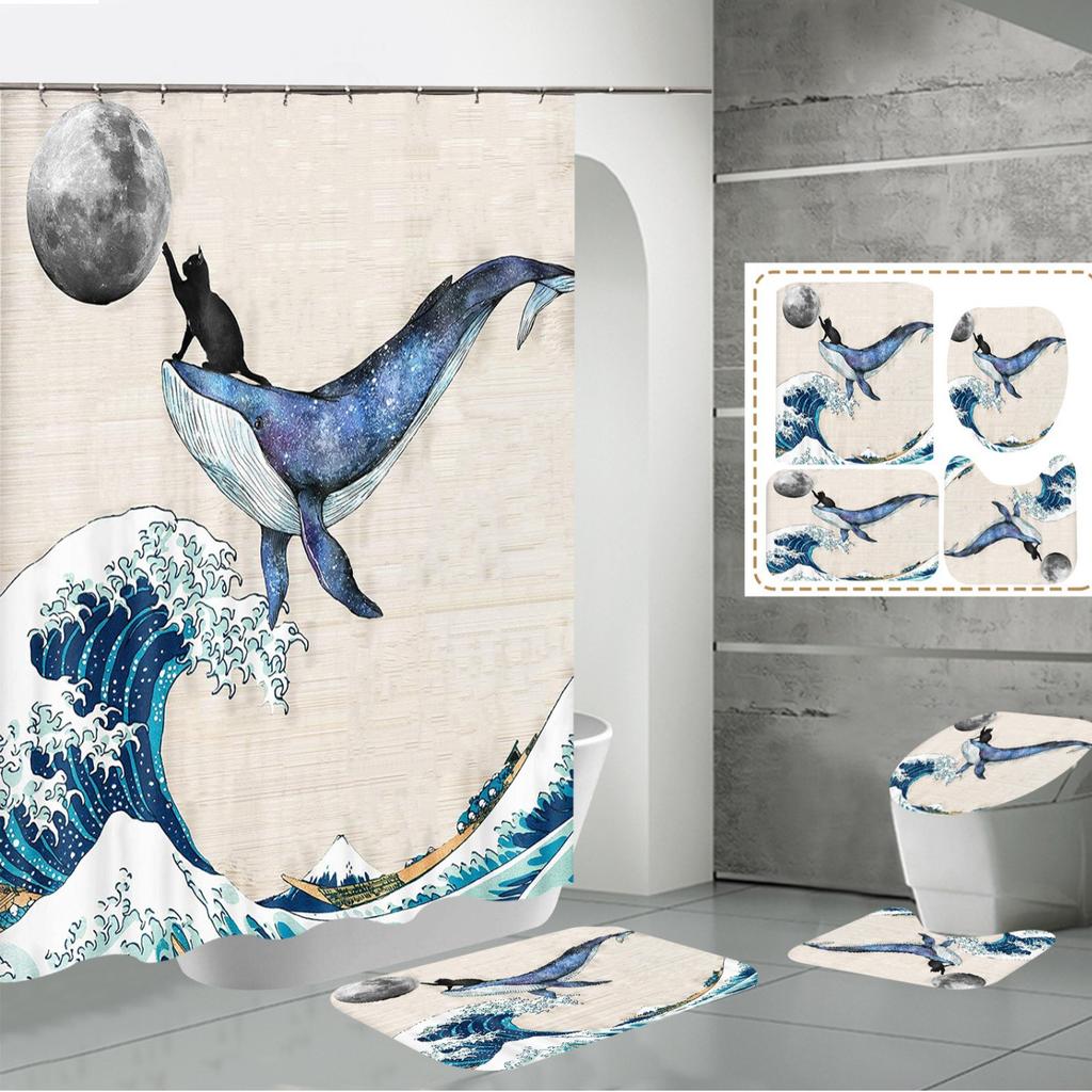 Shower Curtain Four-Piece 3D Digital Printing Shower Curtain Underwater Animal Bathroom Partition Shower Curtain