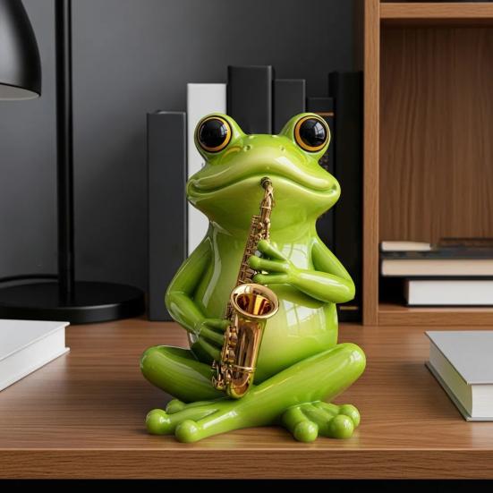Yousheng Frog Musician Statue Hand-Engraved Frog Ornament with UV Coating Mini Resin Figurine Playing Musical Instrument Garden Decor