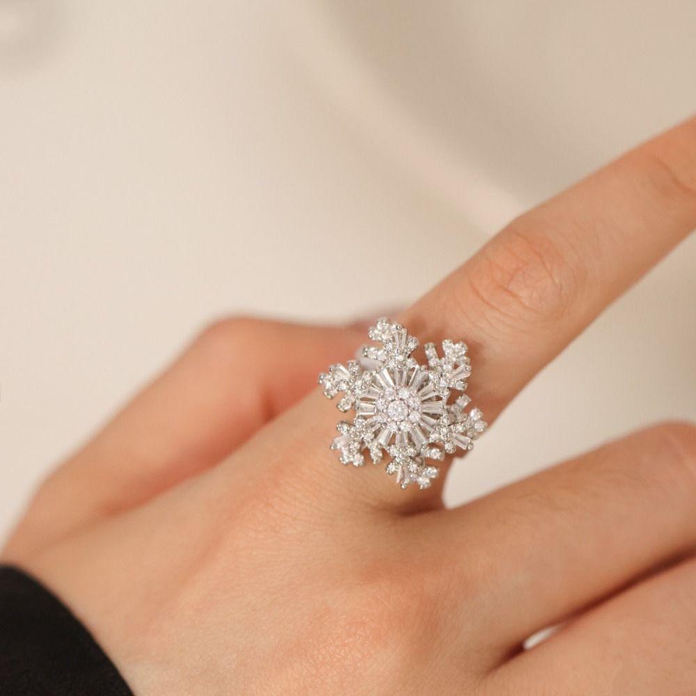 Crystal Rotatable Snowflower Ring Light Luxury Zircon Finger Ring Snowflake Ring  Valentine's Day