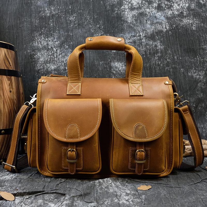 Men Bag top grade Men's Genuine Leather Briefcase Handbags Crazy Horse Leather Hand bag Thick Real Leather Shoulder Bag