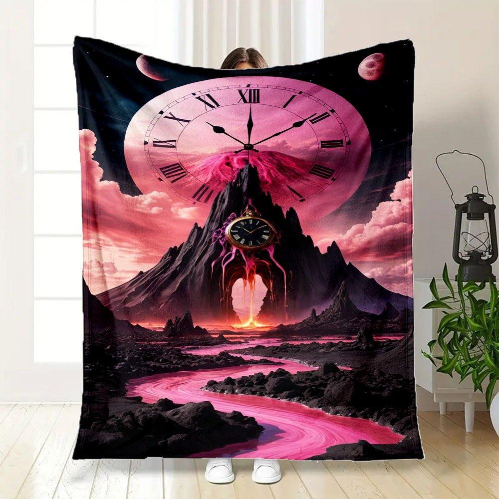 "Timeless Elegance: Large Roman Numeral Wall Clock - Surreal Landscape Design"Blanket Flannel Throw Blanket for Sofa, Bed, Travel, Camping, Office