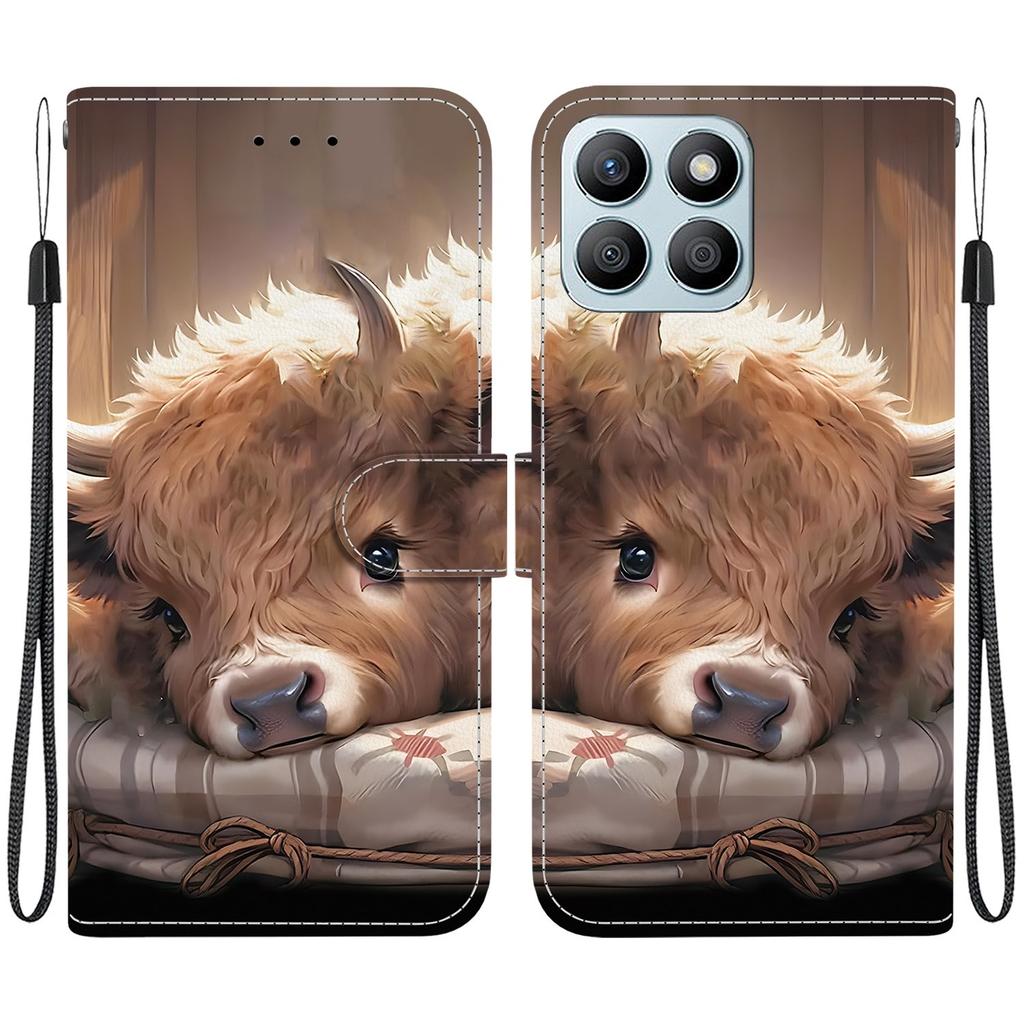 Handmade PU Leather Flip Case for Honor X8b Anti-Slip Shockproof Cover with Wrist Strap & Heart/Rose Cat Designs