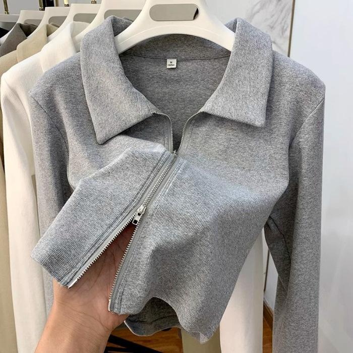 French sweet double-ended zipper lapel long-sleeved cardigan women's spring and autumn design sense slim-fitting front shoulder short top outside