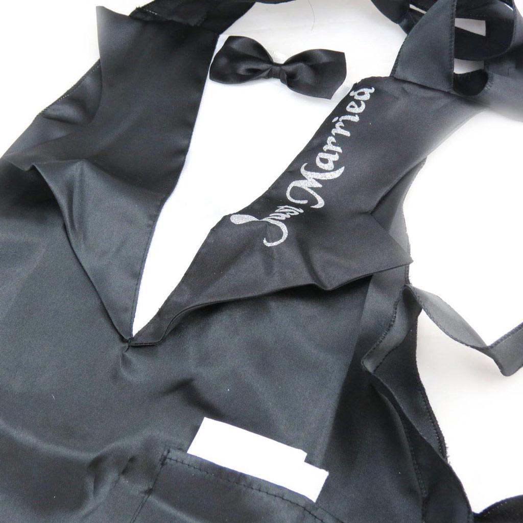 Les Trésors De Lily [J0796] - Tablier de cuisine 'Just Married' noir satiné + noeud papillon