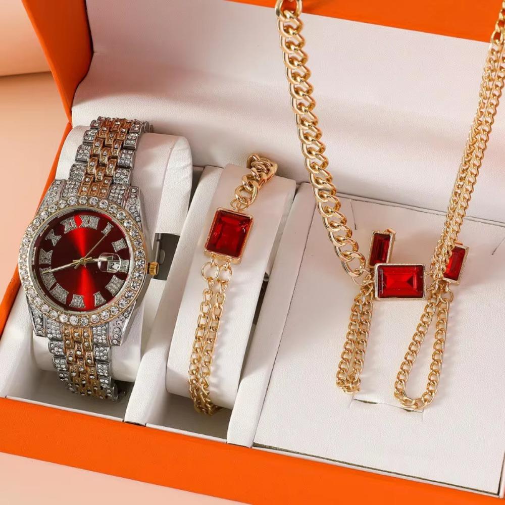Men's Hip Hop Trendy Fashion Large Dial Diamond Cuban Chain Watch Set