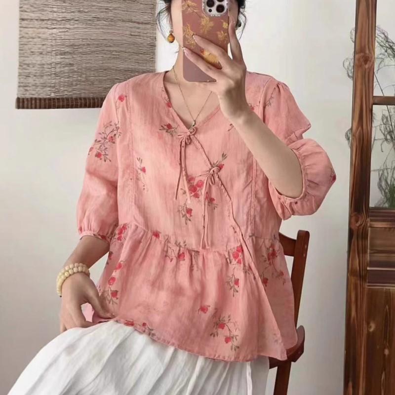 Johnature Spring Print Floral Shirts Women V-Neck Half Sleeve Tops Belt Loose Chinese Style Women Shirts