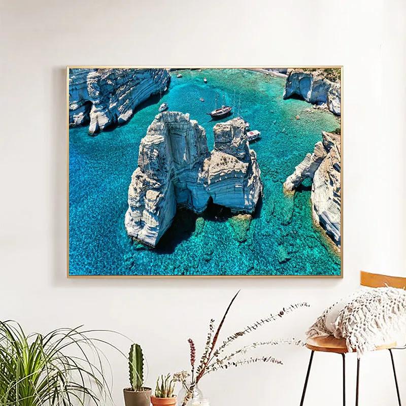 Santorini Griechenland Amorgos Insel Reise Milos Bucht Druck Kunst Leinwand Poster Für Wohnzimmer Dekoration Heim Wandbild