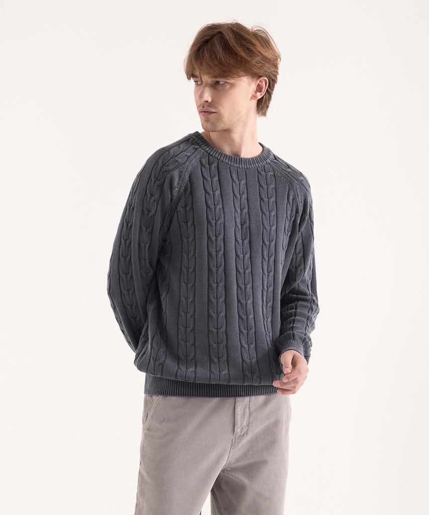 BIRBANTE Garment-Dyed Washable Cable Knit - Mood Navy