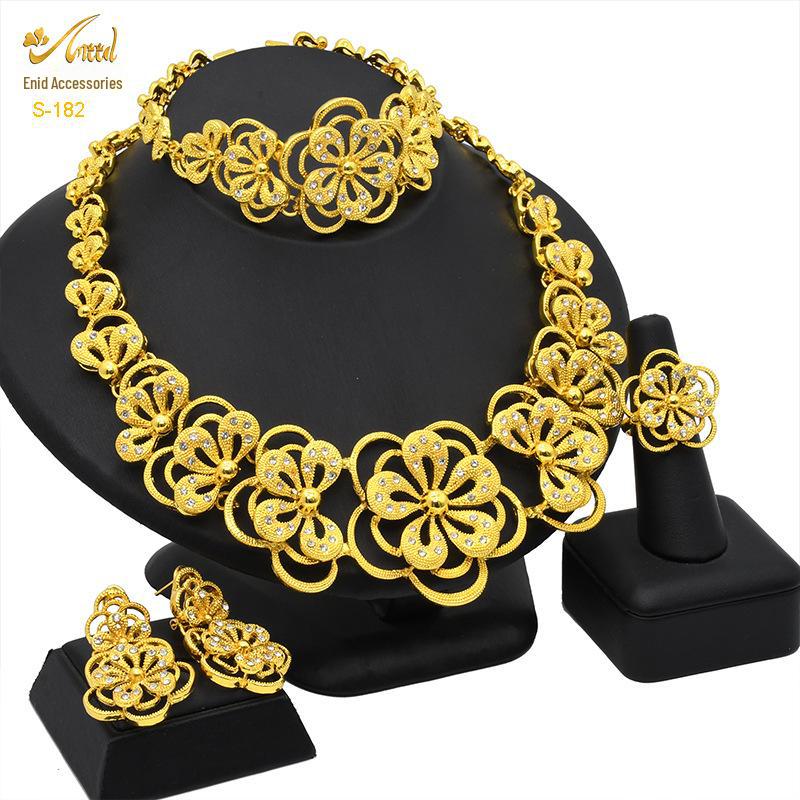 Indian Dubai Sand Gold Jewelry Set: Necklace, Bracelet, Ring & Earrings for Bridal Wedding.