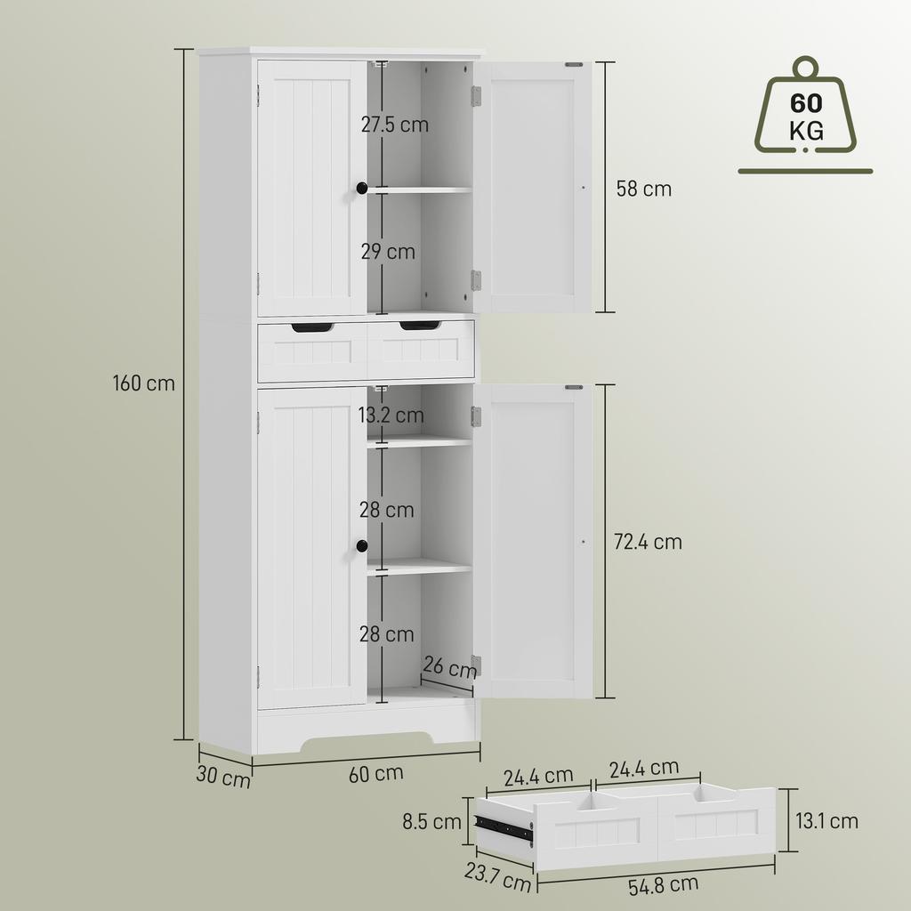 Tall Bathroom Cabinet, Freestanding Bathroom Storage Cabinet with Drawer, Shelves and Doors, 60 x 30 x 160 cm, White