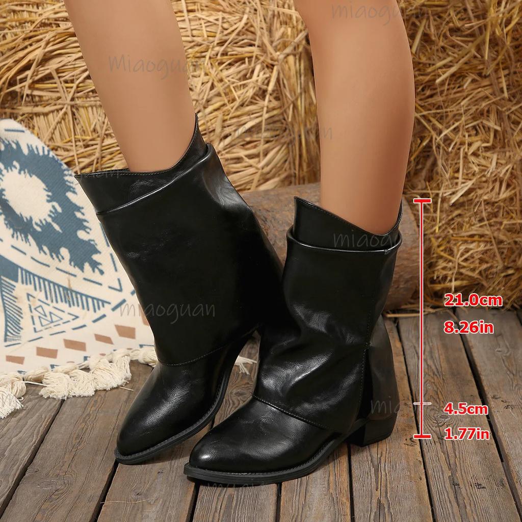Fashion New Women Shoes Round Head Thick Heeled Ladies Black Mid-calf Boots Temperament Autumn Stacked Leather Boots for Women