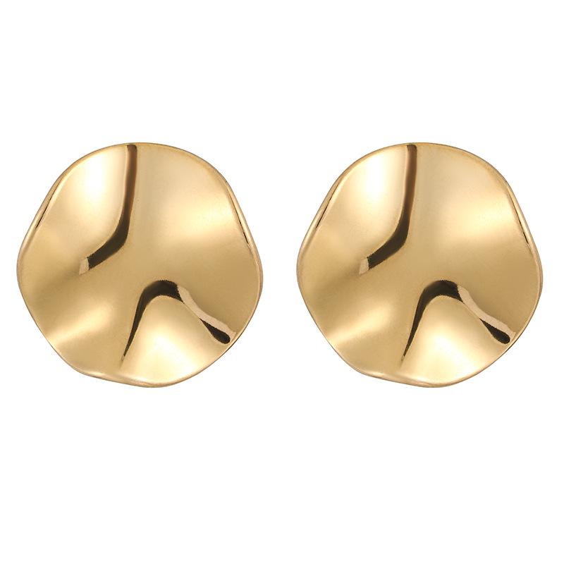 European & American Style Large Round Shiny Stainless Steel Leaf Stud Earrings - Non-Fading, Concave Design, Exaggerated Style.