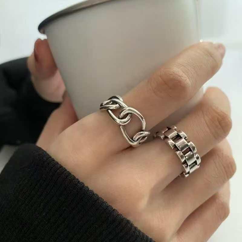 Korean Dongdaemun Geometric Hollow Chain Ring - Trendy Thai Silver Jewelry for Women