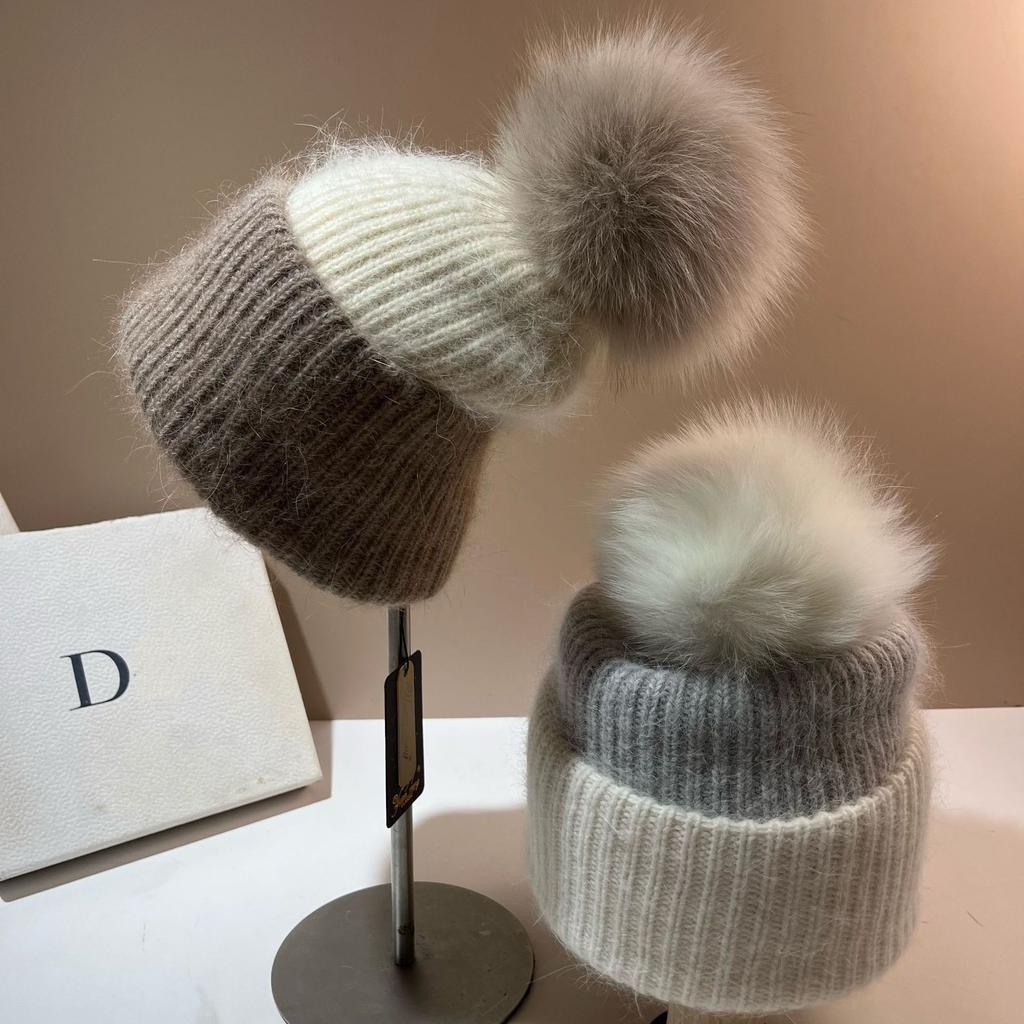Flowers And Youth Icelandic Fox Hairball Knitted Hat Nordic Cold Winter Warm Thickened Double Rabbit Hair Ear Protector