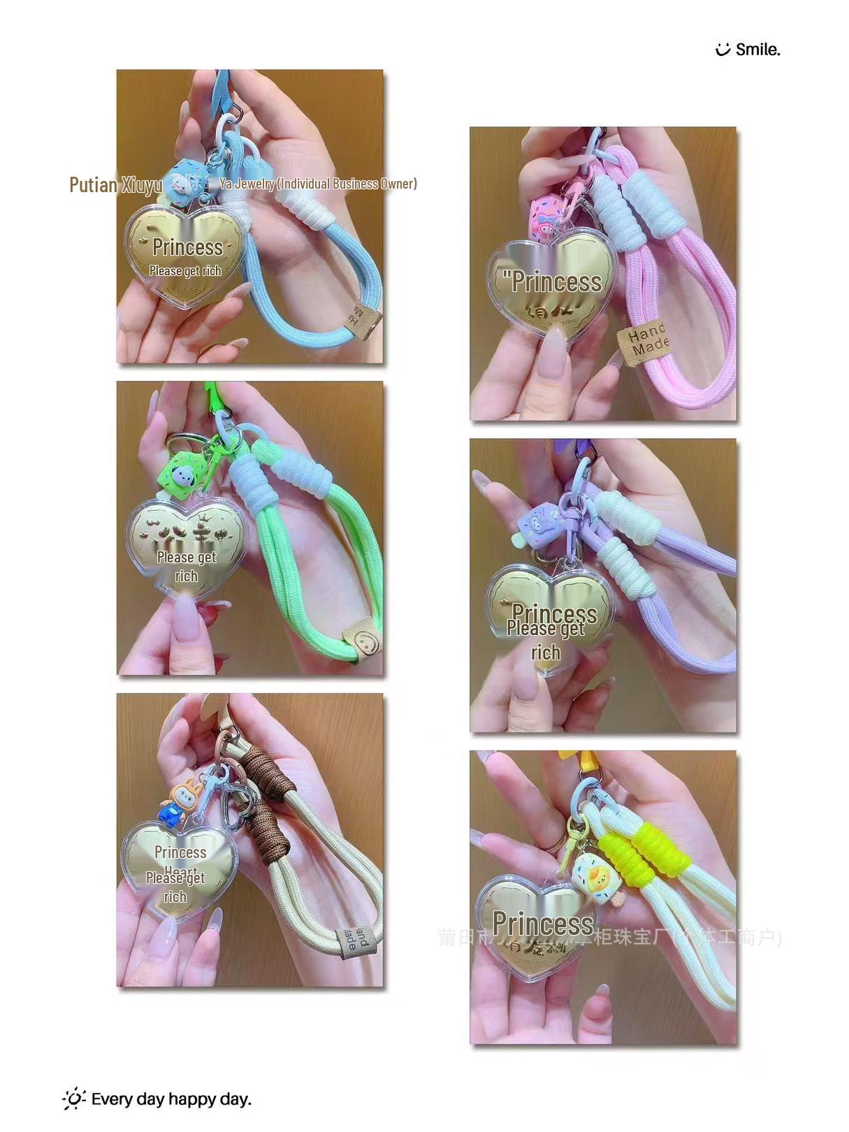 

999 Gold Princess Pendant Keychain - Lucky Charm Gift for Girlfriend Blue Cord Heart Princess