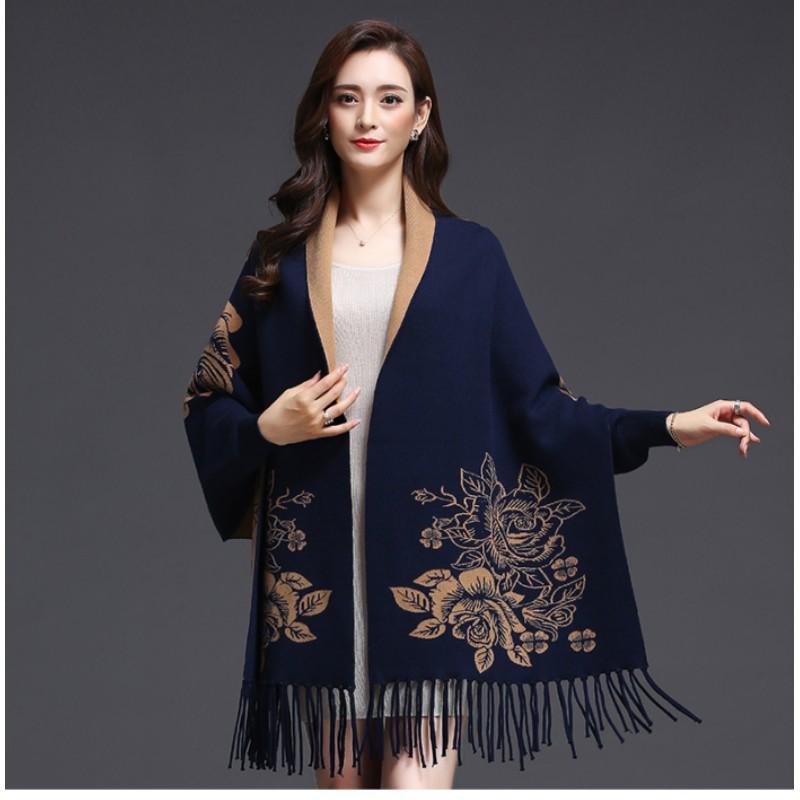 

Женская многофункциональная теплая вязаная шаль в стиле ретро с утолщенным темпераментным узором темно-синий