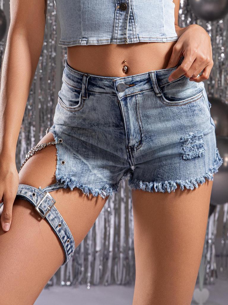 European & American Style High-Waisted Ripped Chain Skinny Jeans/Shorts for Women.