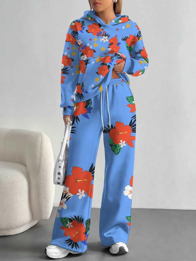 Europe, America Autumn and Winter 1116 Casual Retro Flower Long-sleeved Suit Women's Hooded Sweater Trousers Two-piece Set