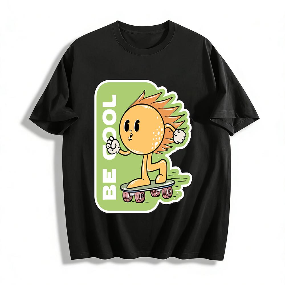 Cartoon Sun Skateboarding Print Casual T-shirt Unisex Loose Breathable Daily Wear Top Pure cotton T-shirt XXS