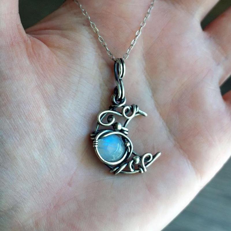 Bohemian Retro Moonstone Necklace with Wire Hollow Moon Pendant