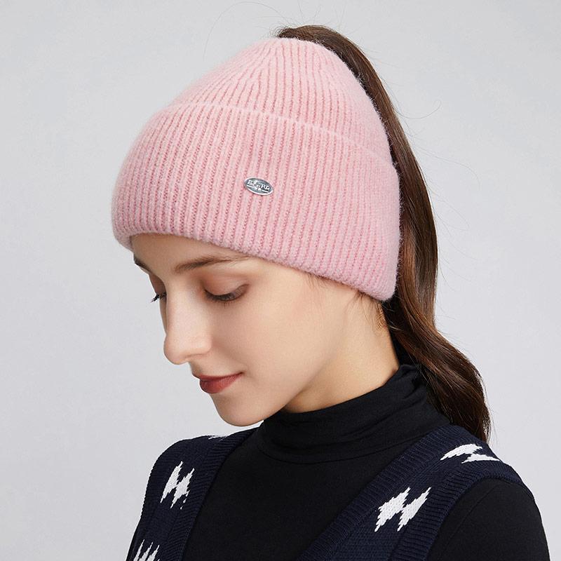A Women's Knitted Hat with Exposed Braids, Autumn and Winter Thick Ear Protection Hat, Women's High Ponytail Braid