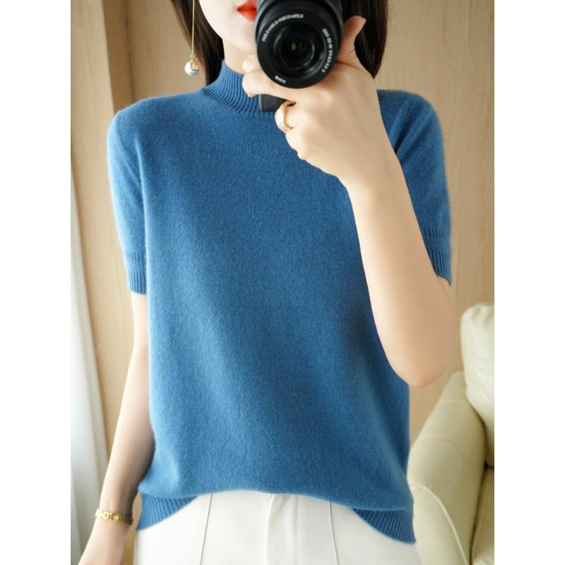 Short Sleeve Womens Knitted Sweater Round Neck Comfortable Fit Short Bottom Sweater Half Sleeve Thin Medium Sleeve Sweater Top XXL озеро синий