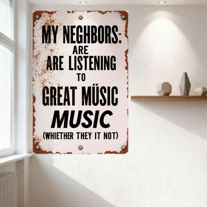 Vintage Style My Neighbors Are Listening to Great MÚSIC (WHIETHER) Metal Tin Sign, Distressed Rusty Border, Home Bar Cafe Decor