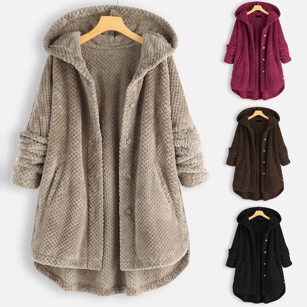 Fleece Cardigan Women Pocket Coat Irregular Long Hooded Button Fleece Sleeve Plus Size Women Womens Lightweight Fleece Zip Up