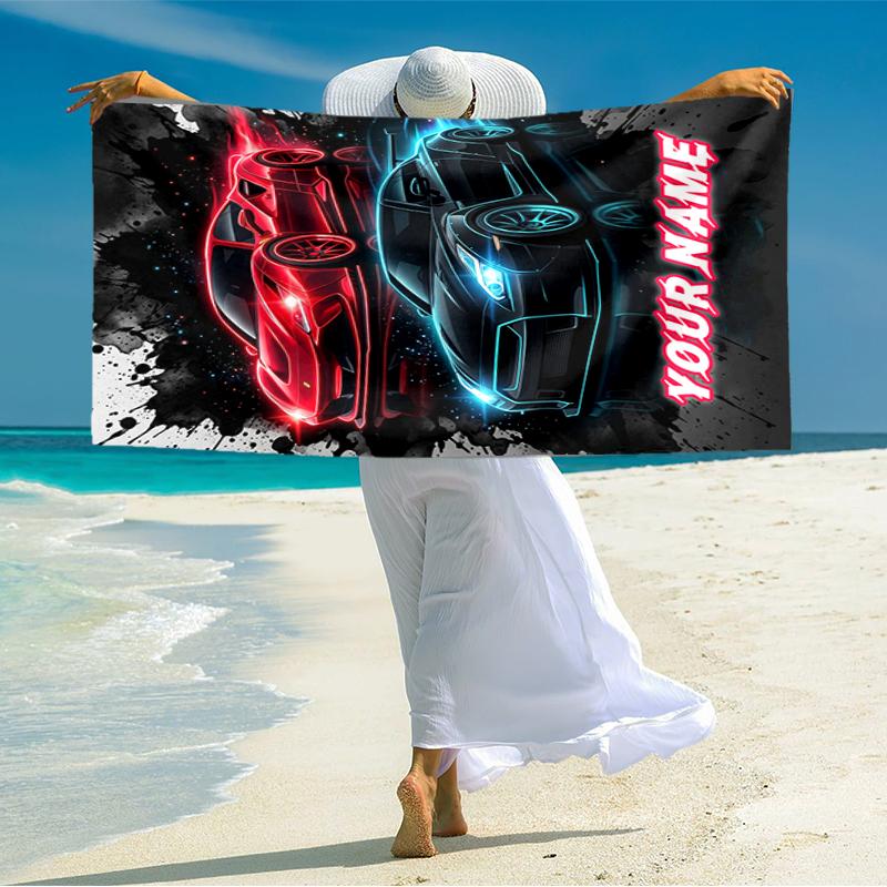 1PC Custom Name "Neon Sports Cars Artwork" Beach Towel Highly Absorbent And Sand-Resistant Towel for Swimming, Pool, Yoga, And Travel Lightweight