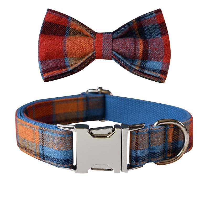 Blue Plaid Velvet Dog Collar and Leash with Alloy Buckle