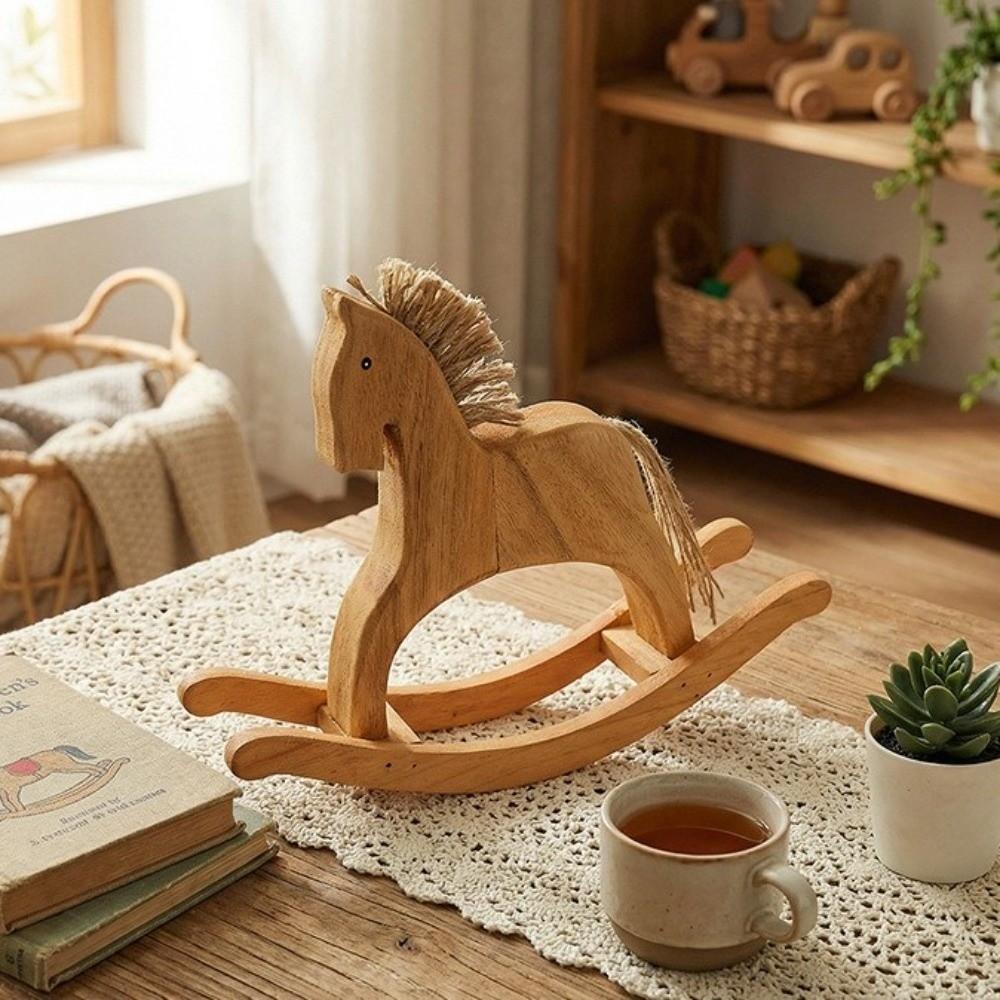 Hand Carved Rocking Horse Ornaments Retro Style Rocking Horse Statue Animal Sculpture  Kids Room