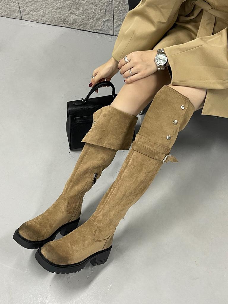High-heeled khaki long tube over the knee boots women's shoes 2025 new autumn and winter suede thin tall knight boots