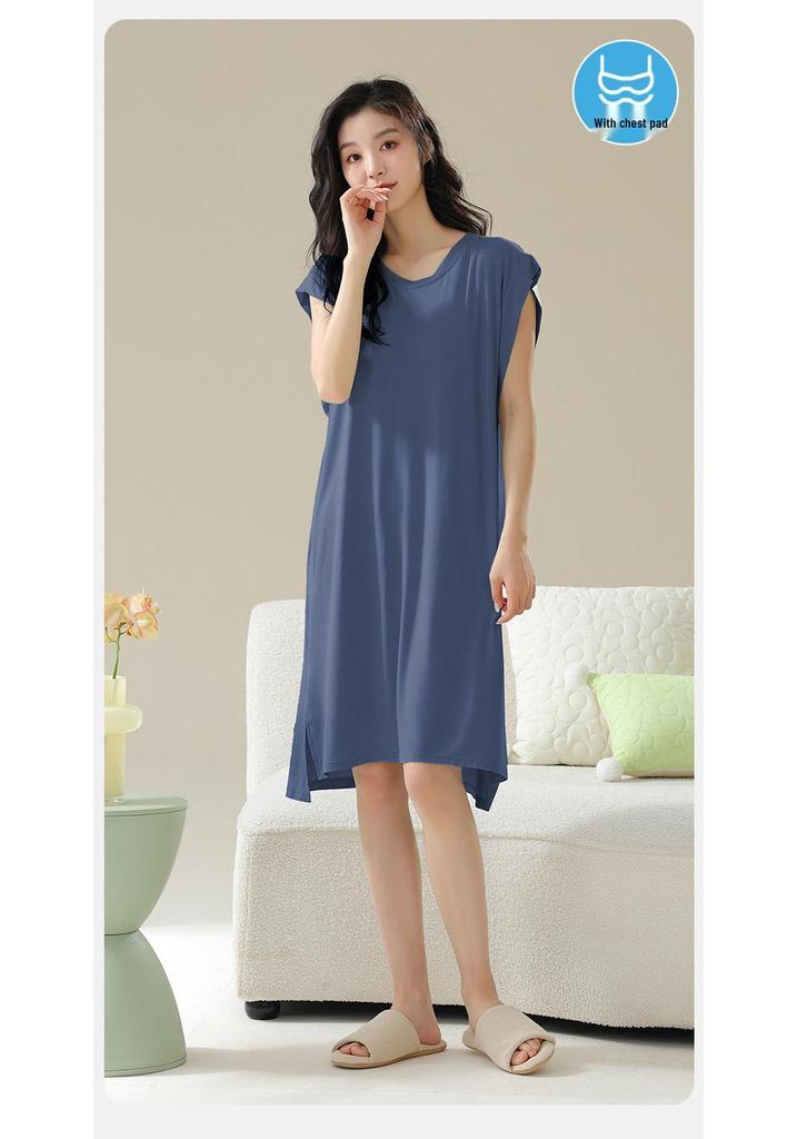 2026 Women's Spring/Summer Blue Nightgown with Built-in Bra, Short Sleeves, Round Neck, Casual Homewear Style