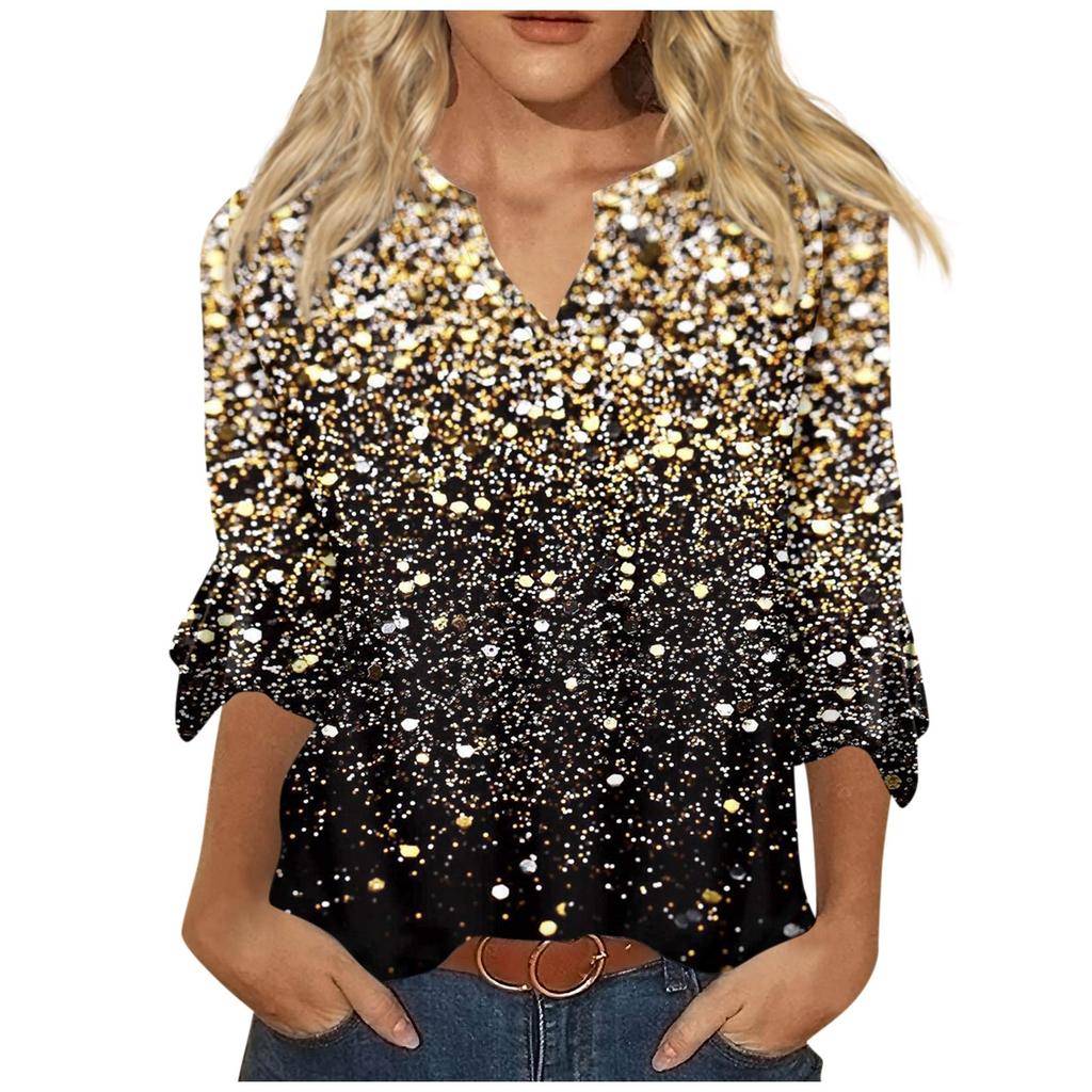 Women's Top Loose Casual V-neck Printed Blouses Bell 3/4 Sleeve T-shirt