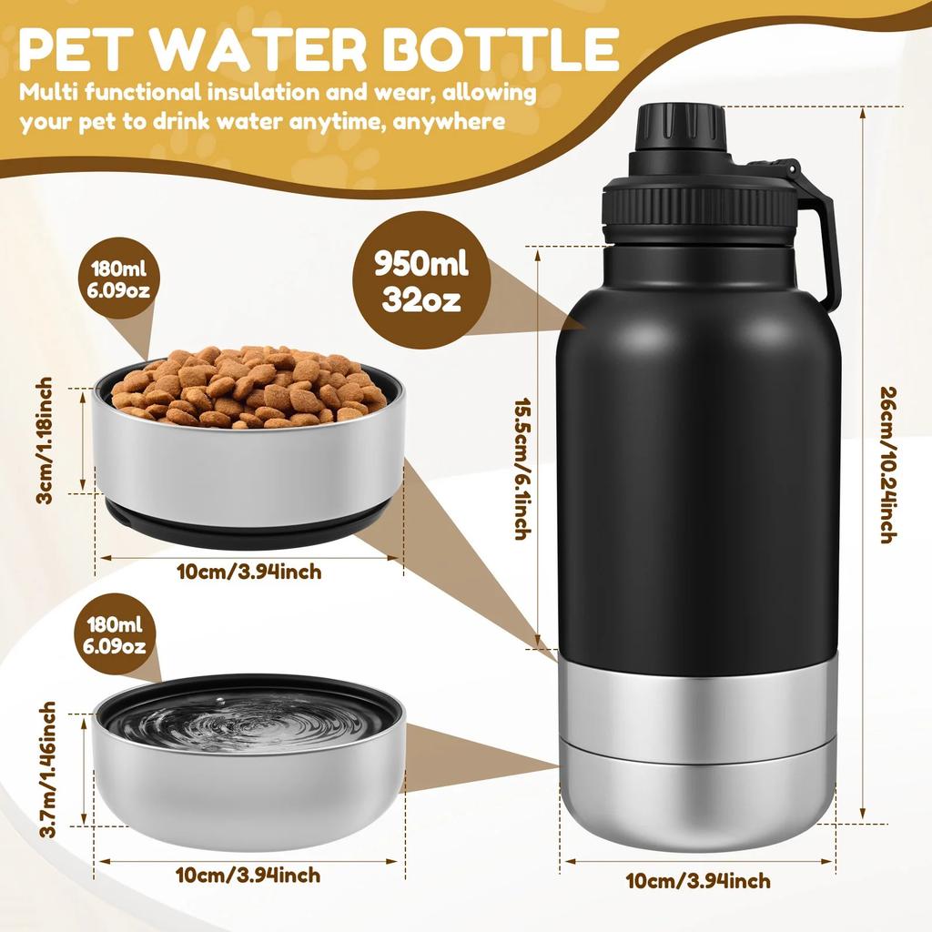 32oz 3-in-1 Portable Dog Water Bottle With 2 Bowls, Leak-proof Travel Water Dispenser For Walking And Hiking