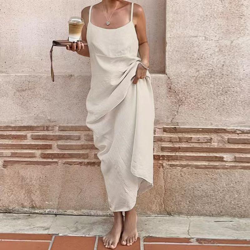 

Western Style New Fashion Sling Backless Dress Simple Loose A Word Long dress Sling Sexy Dress Khaki L