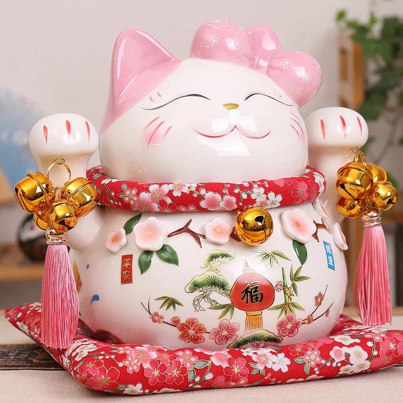 Cartoon Maneki Neko Oranment Ceramic Lucky Cat Figurine Pink BOW-TIE Fortune Cat Statue Home Decorative Money Box Piggy Bank