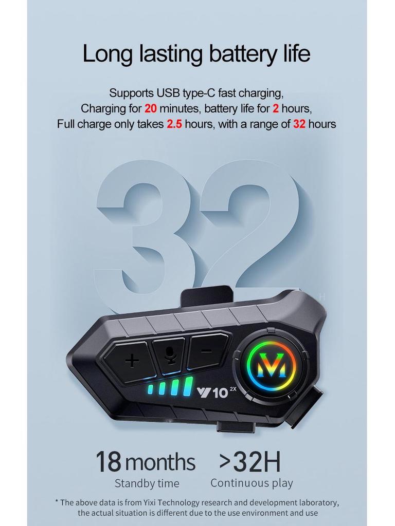 Y10-2X Bluetooth Helmet Intercom Headset, 500m Range, 2-Person Smart Voice Communication