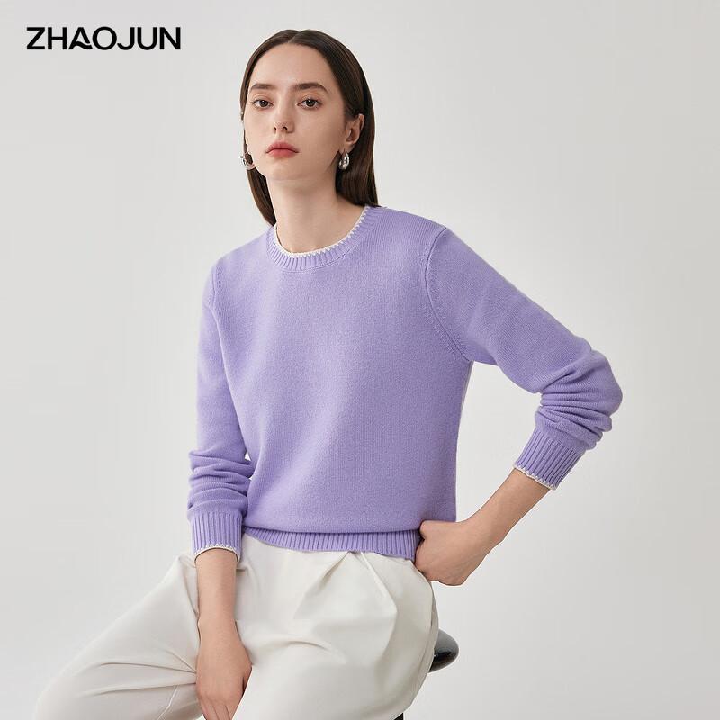 Zhaojun Women's Round Neck Wool Sweater with Lace Trim