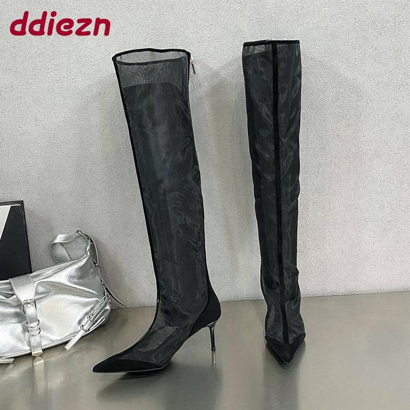 Fashion Female Pointed Toe Women Over the Knee Boots With Thin Heels Shoes Fashion Mesh Breathable Ladies Long Booties Zippers Shoes