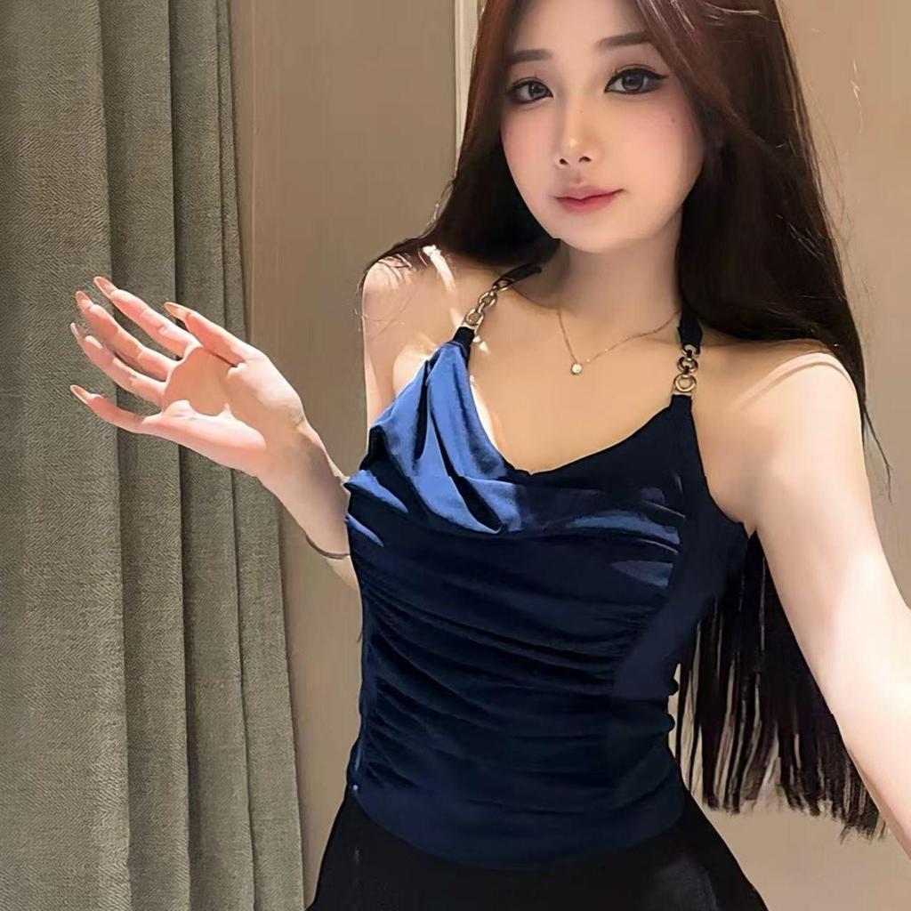 Chain Strap Camisole with Built-in Bra, Backless, Sexy, Slimming, Pleated, Elegant Top, Trendy Lingerie