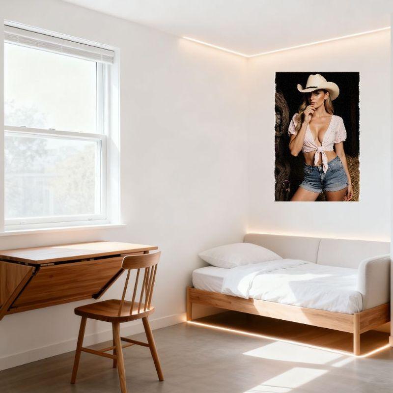 Sexy Rustic Cowgirl Tin Sign - Blonde Woman in Barn Hay Stable Wall Decor, Vintage Metal Poster for Bar Pub Home Cafe 8x12 Inch