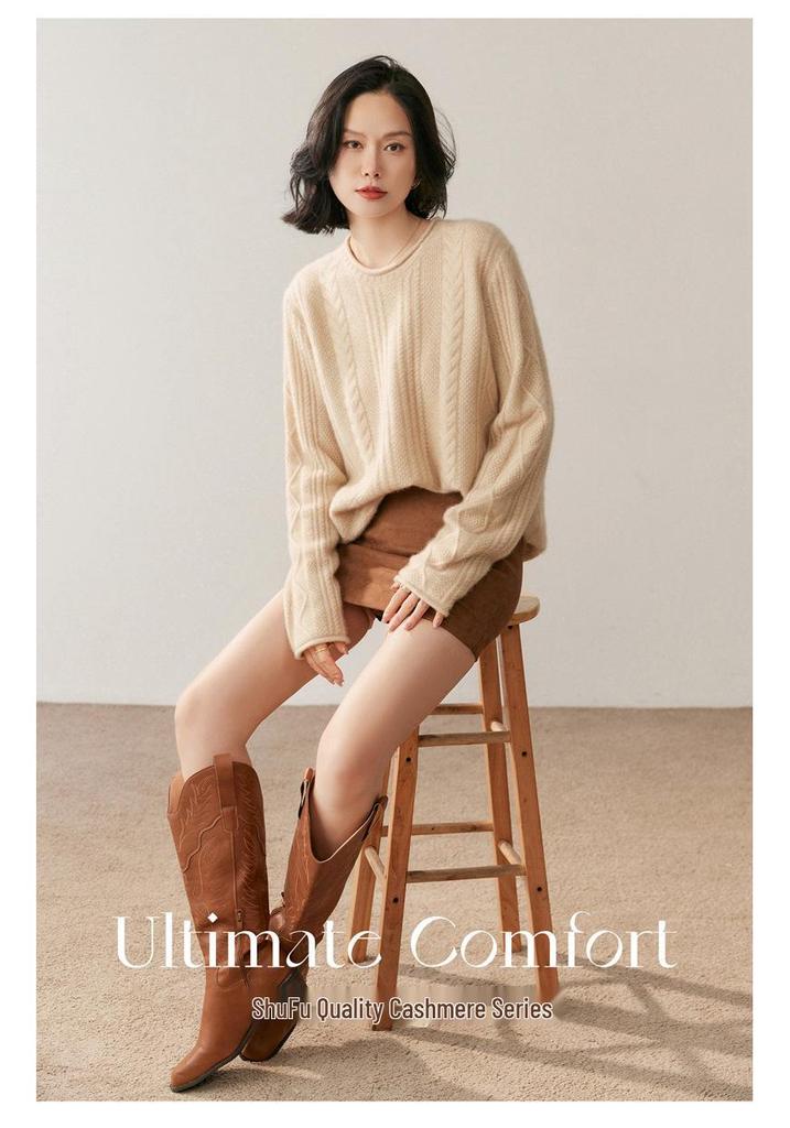 Women's European Style Cashmere Sweater - Round Neck, Thick, Loose Fit, Cable Knit with Diamond Pattern, Perfect for Autumn/Winter.