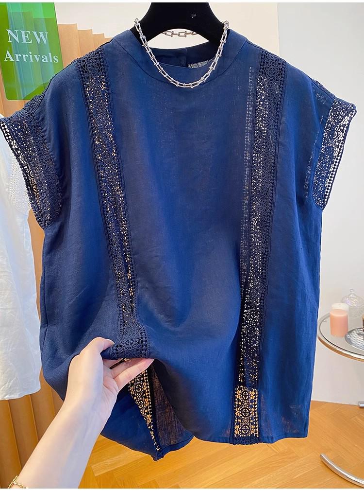 Women's White Lace Cotton Top - 2025 Summer Flutter Sleeve Patchwork Design