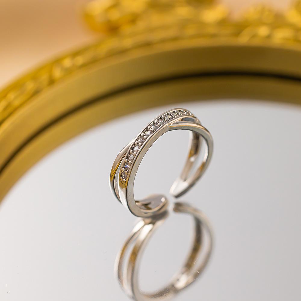 Exquisite super flash zircon ring for girls, light luxury, high-end sense opening adjustable ring, simple real gold electroplating