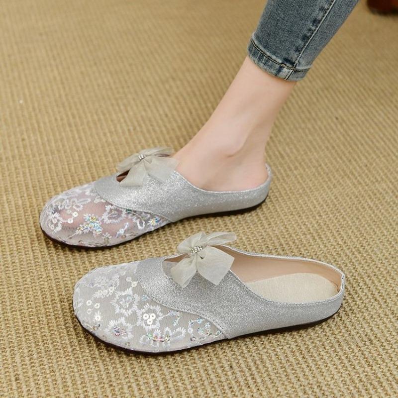 

Fashion Women Mesh Sequins Slippers Outdoor Retro Slides for Girls Flat Heeled Summer Mules Female Bling Shoes with Bow Sweet Sandals 35