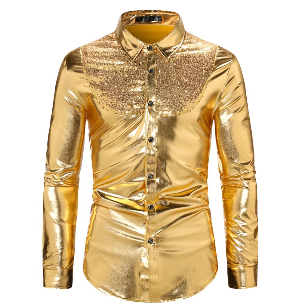 Mens Sequin Long Sleeve Shirt Party Nightclub Dance T-Shirt Shiny Button Tops