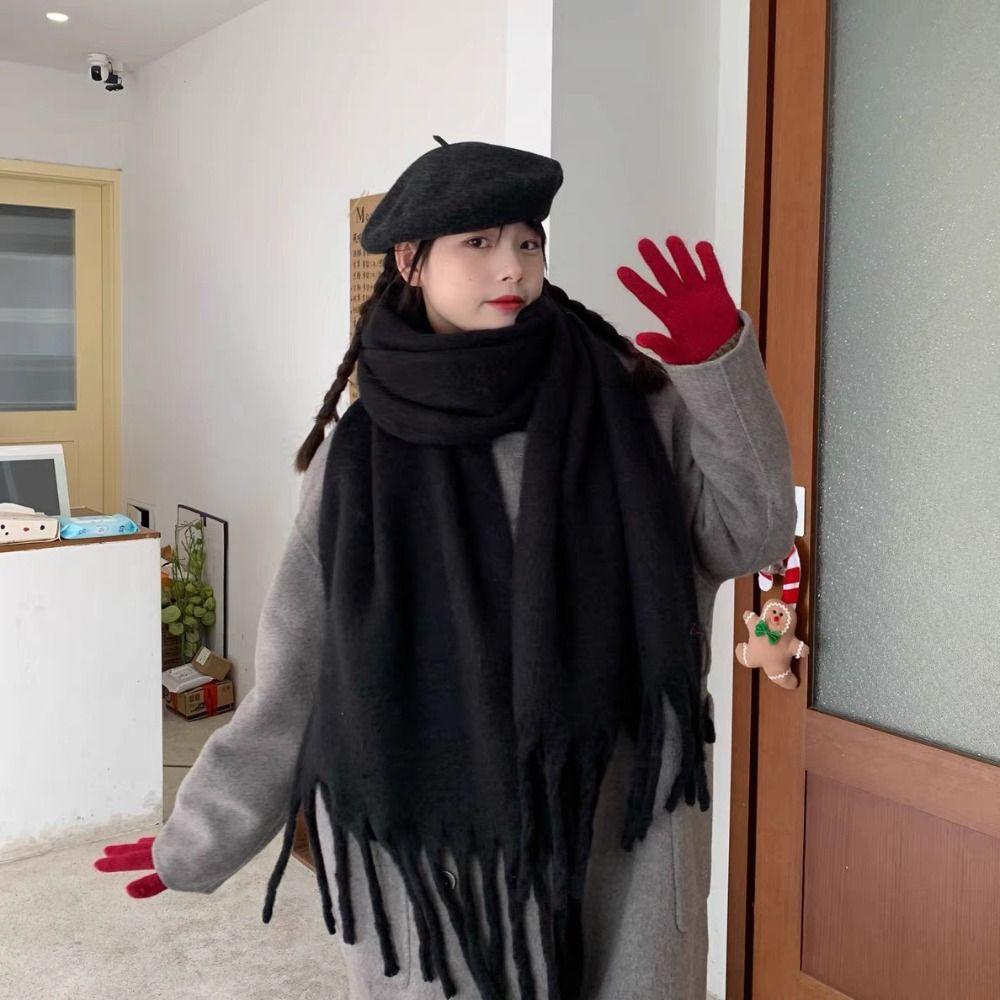New Warm Winter Cashmere Scarf Soft Mohair Long Tassel Scarves Thickened Solid Color Shawl Wrap Women