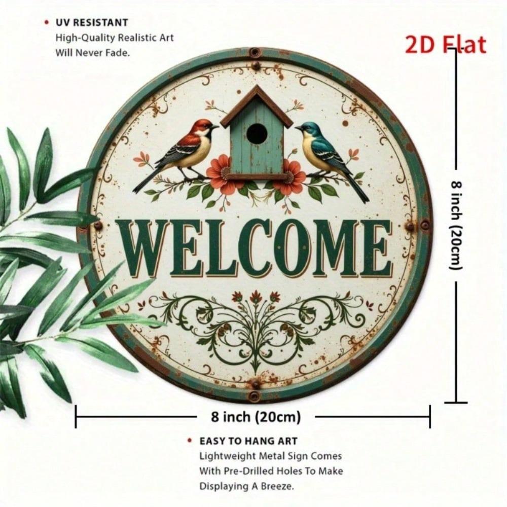 Vintage Metal Wall Art Round Bird and Flower Sign Retro Home Decor
