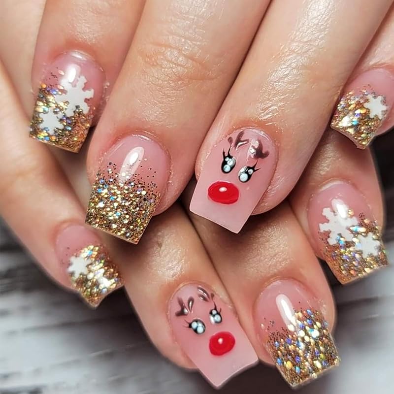 Christmas Press on Medium Square Fake Nails With Black Snowflakes Design - Glossy Glue on Winter Xmas Full Cover Acrylic Artificial Bling Gold